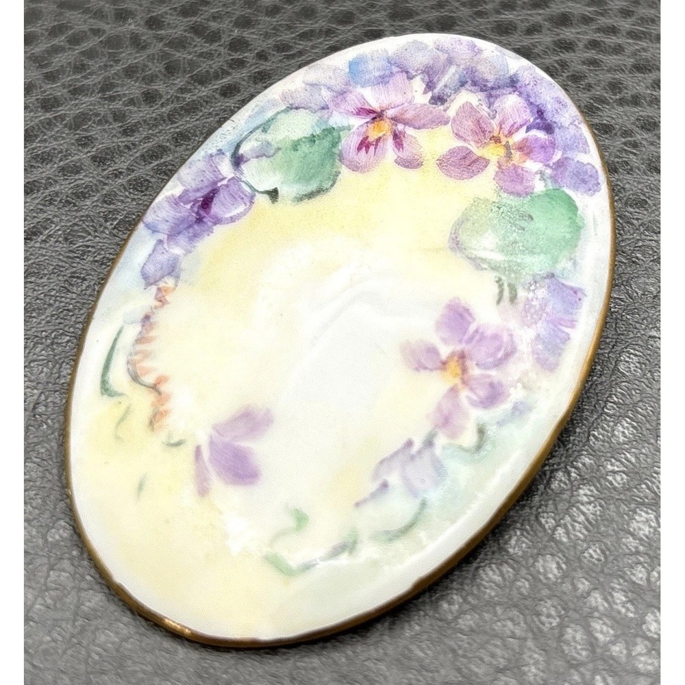 Vintage Porcelain Hand-Painted Artist Signed Purple Violet Pansy Flower Brooch